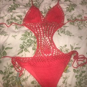 Pink one piece swimsuit monokini fishnet hollow